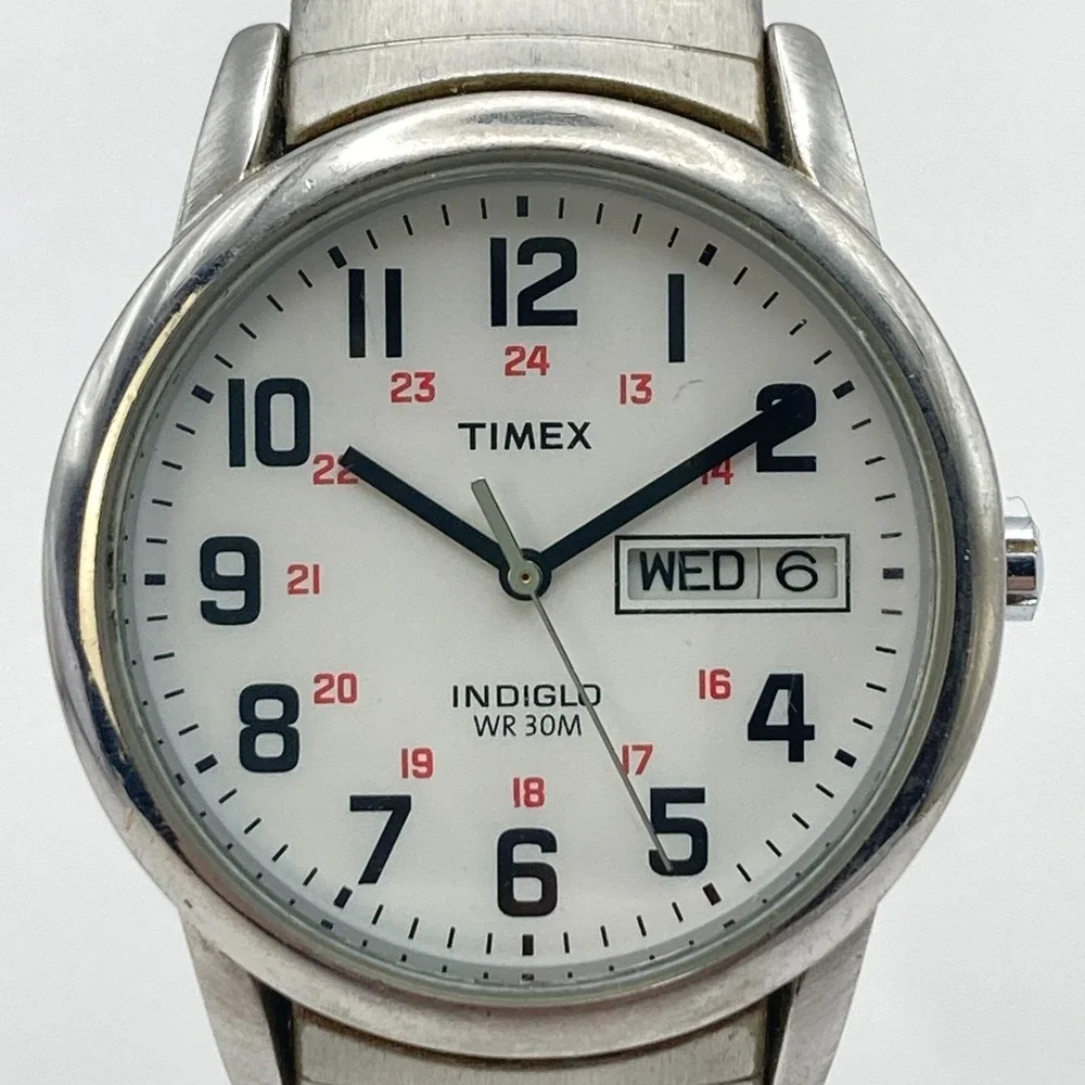 Timex Easy Reader Men's Watch 35mm Silver Tone Indiglo Stretch Band New Battery